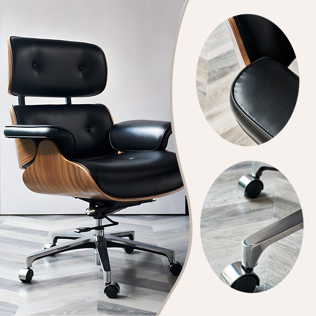 エグゼクティブチェア オフィスチェア 作業用 人間工学 昇降可能 キャスター レザー リクライニング モダン  ブラック LBY-N013