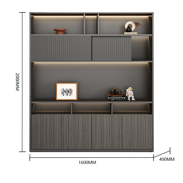 オフィスキャビネット 役員用キャビネット 社長室 LEDライト 引き戸 大容量収納 シャビーグレー カスタマイズ可能 BGCWG-N037