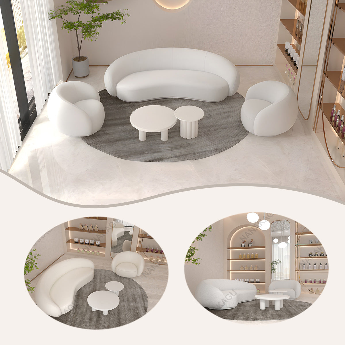 応接セット ロータイプ 受付ソファー 1人掛け 3人掛け 休憩室 美容院 丸み シンプル ホワイト カスタマイズ可能 JDSF-N017