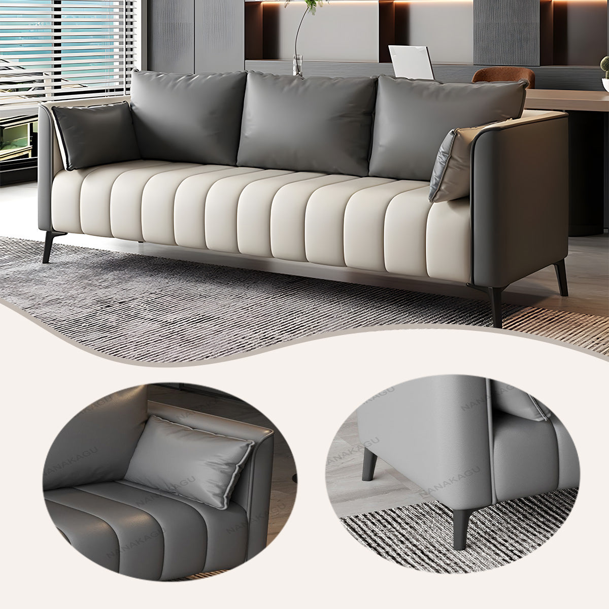 レザーソファー 応接ソファ  応接セット 受付ソファー 3人掛け 無垢材フレーム 柔軟性 シンプル ダークグレー JDSF-N001