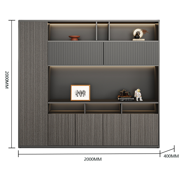 オフィスキャビネット 役員用キャビネット 社長室 LEDライト 引き戸 大容量収納 シャビーグレー カスタマイズ可能 BGCWG-N037