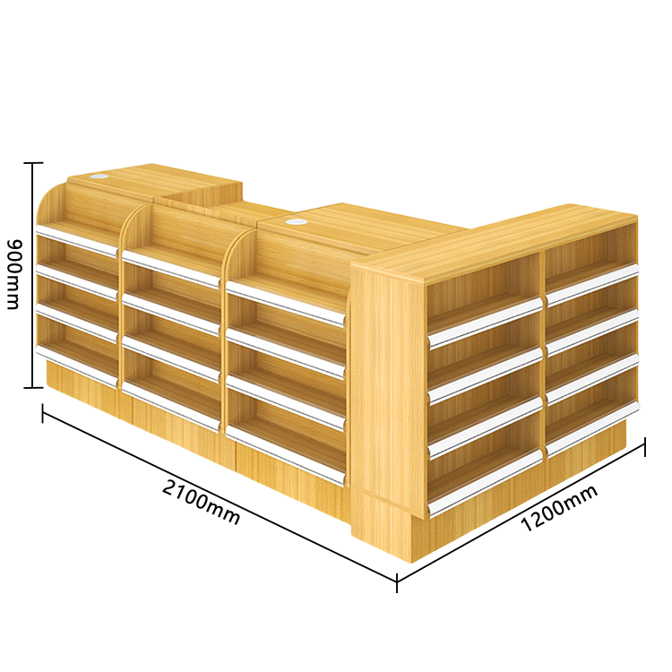 陳列棚付きカウンター レジカウンター L字型カウンター 店舗用 コンビニ 分類収納 ナチュラル カスタマイズ可能 JDQT-N042