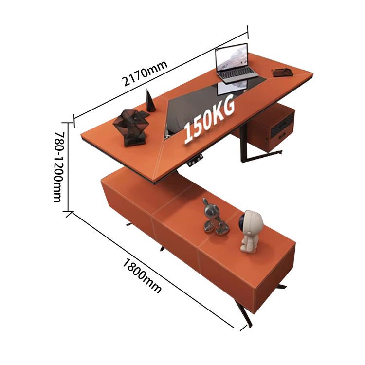 ワークデスク オフィスデスク 社長机 昇降可能デスク 電動昇降デスク 引き出し 大容量収納 オレンジ カスタマイズ可能 LBZ-N023
