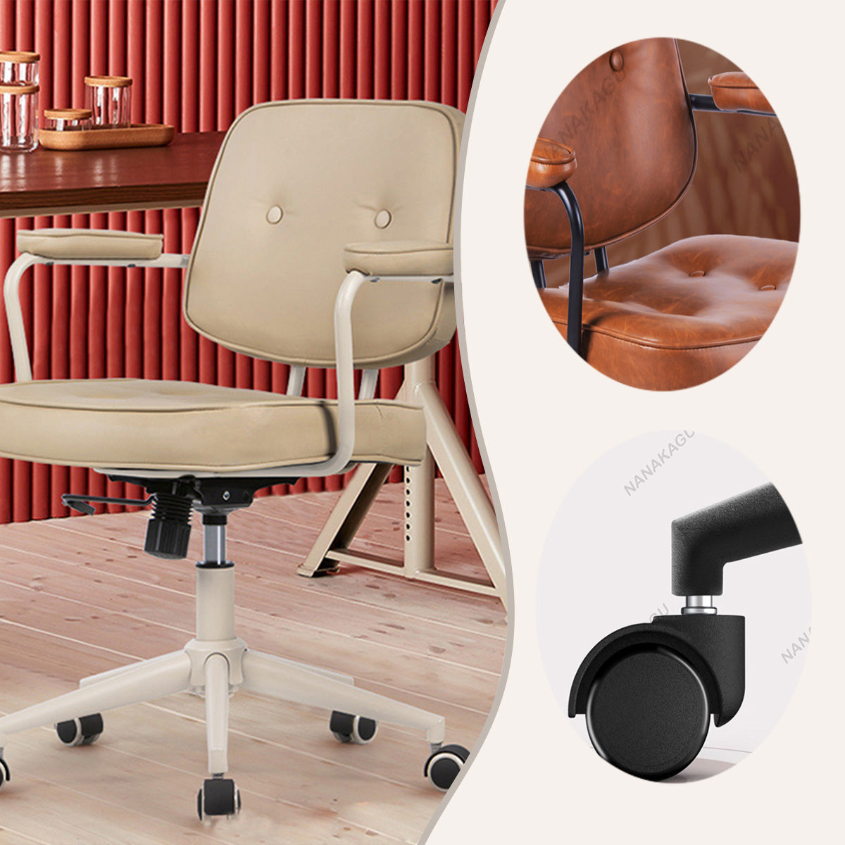 デスクチェア オフィスチェア 昇降回転式 事務用 アームレスト ソフトレザー 柔軟性 省スペース 肉厚 ブラウン カーキ BGY-N022