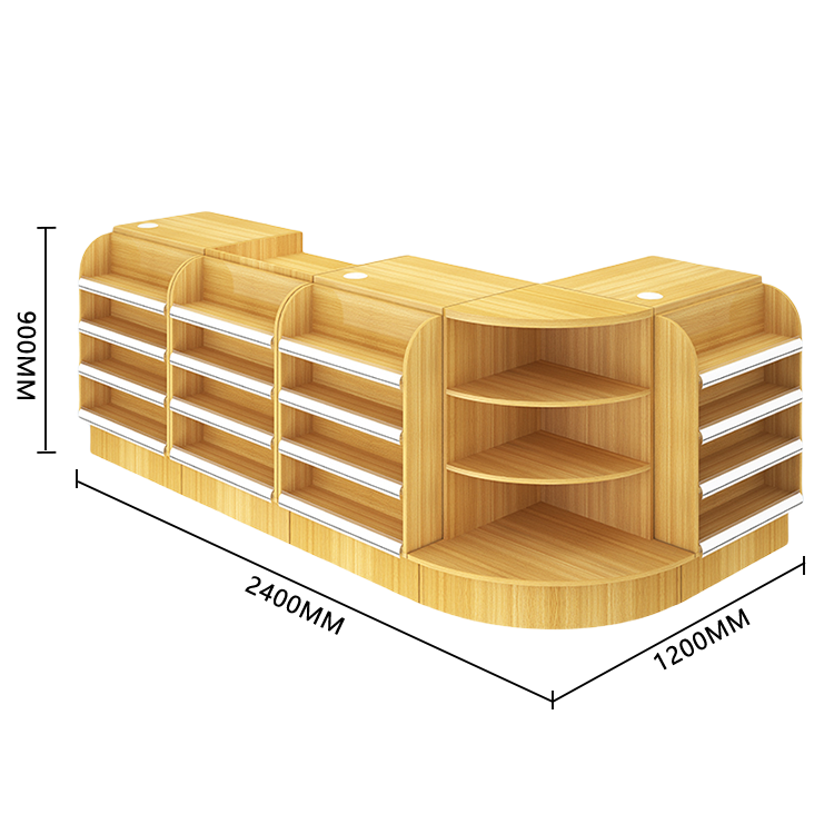 陳列棚付きカウンター レジカウンター L字型カウンター 店舗用 コンビニ 分類収納 ナチュラル カスタマイズ可能 JDQT-N042