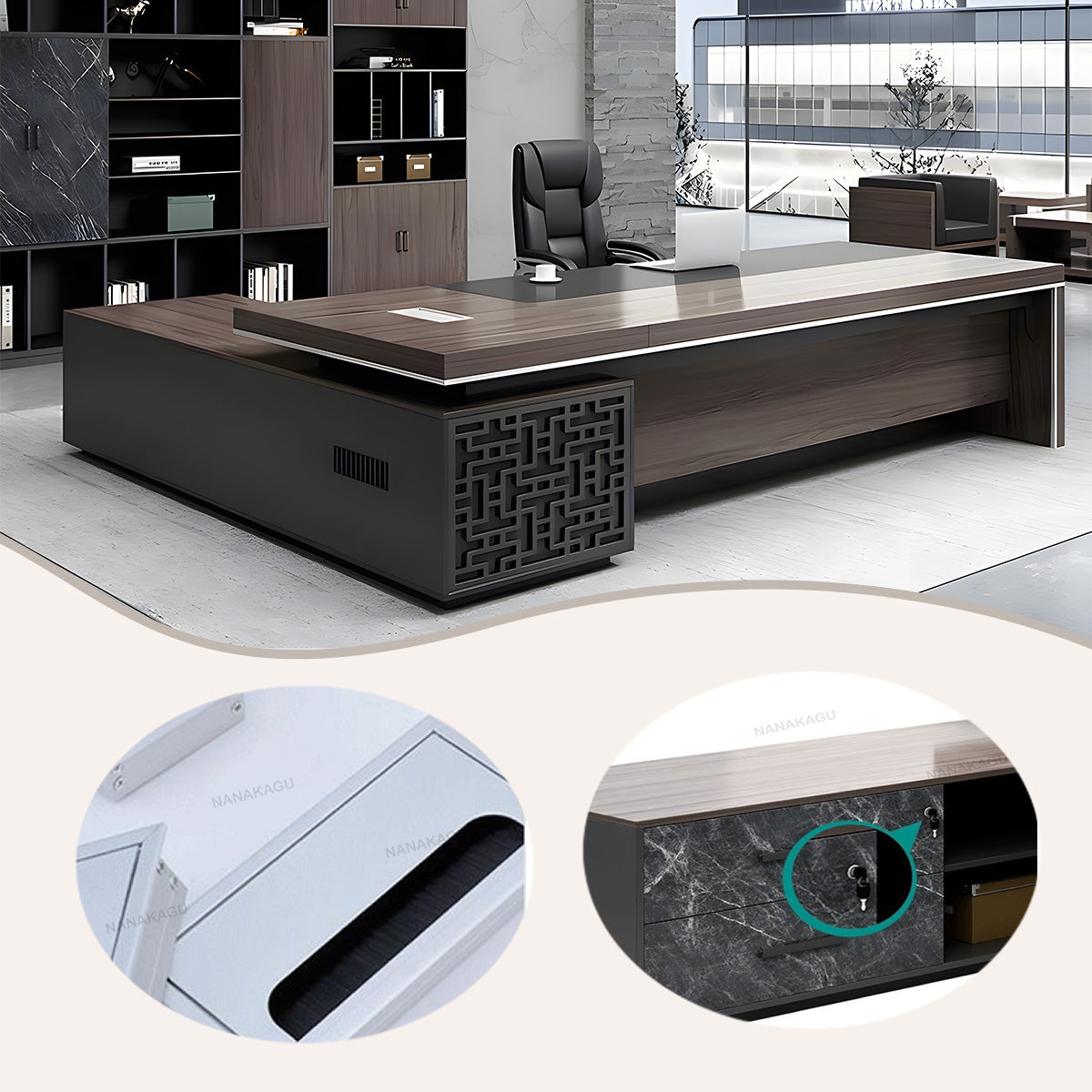 エグゼクティブデスク オフィスデスク 社長机 木製デスク バイカラーデスク 社長室 仕事用 事務用 木目調 鍵付き 配線ボックス付き 排気口付き エッジ加工 厚手 上質 高級感 エボニー カスタマイズ可能 LBZ-N029
