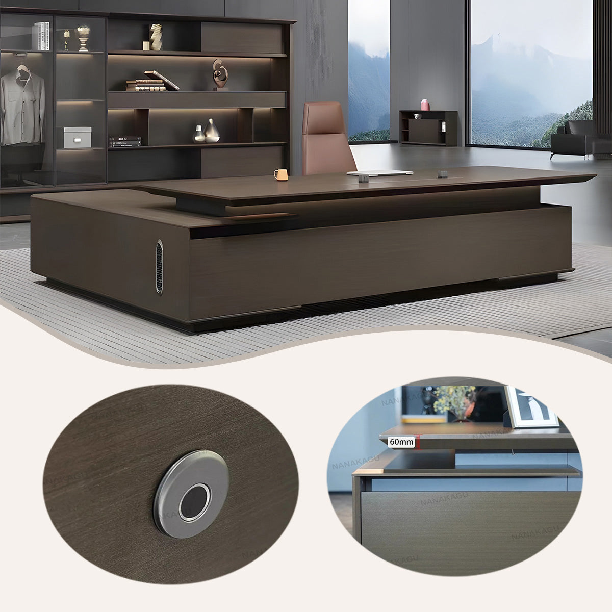 オフィスデスク エグゼクティブデスク 社長机 木製デスク 指紋認証キー 配線便利 高級感 ウォールナット カスタマイズ可能 LBZ-N061