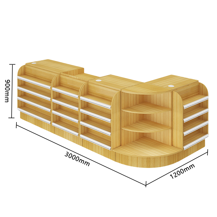 陳列棚付きカウンター レジカウンター L字型カウンター 店舗用 コンビニ 分類収納 ナチュラル カスタマイズ可能 JDQT-N042