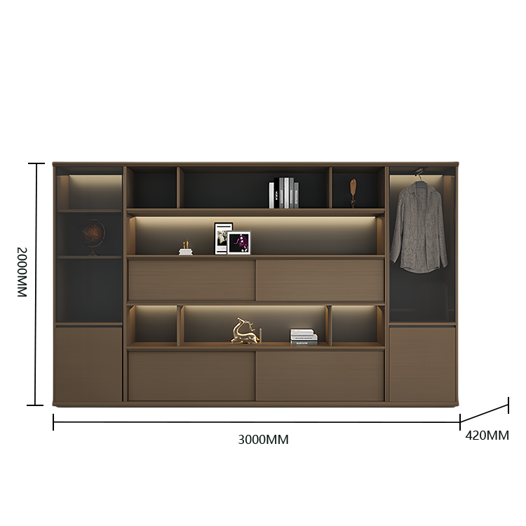 オフィスキャビネット ディスプレイラック 多段式 ハンガーポール 引き戸 大容量収納 厚手 カーキ カスタマイズ可能 BGCWG-N034