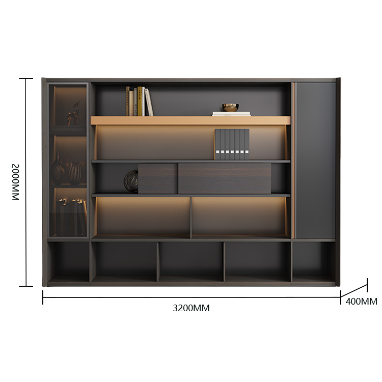 オフィスキャビネット ディスプレイラック 社長室 LEDライト 強化ガラス 大容量収納 ブラック カスタマイズ可能 BGCWG-N036