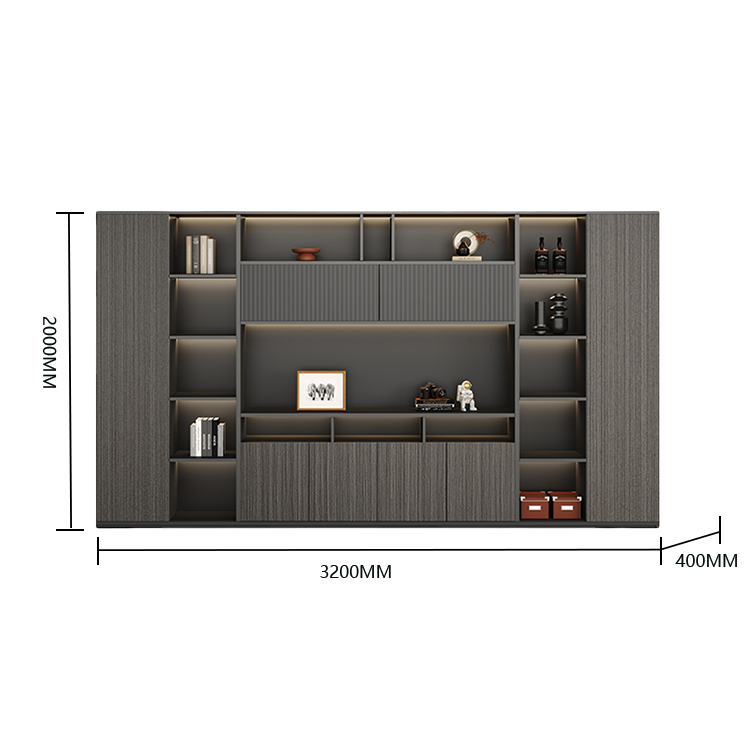 オフィスキャビネット 役員用キャビネット 社長室 LEDライト 引き戸 大容量収納 シャビーグレー カスタマイズ可能 BGCWG-N037