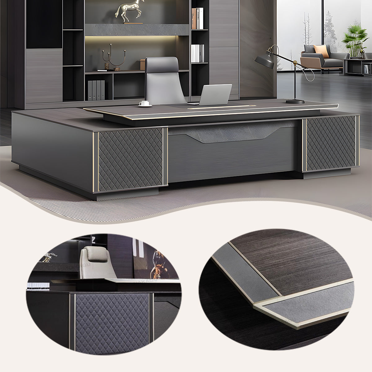 エグゼクティブデスク オフィスデスク 社長机 配線ボックス 大容量収納 レザー張り アルミエッジバンド カスタマイズ可能 LBZ-N034