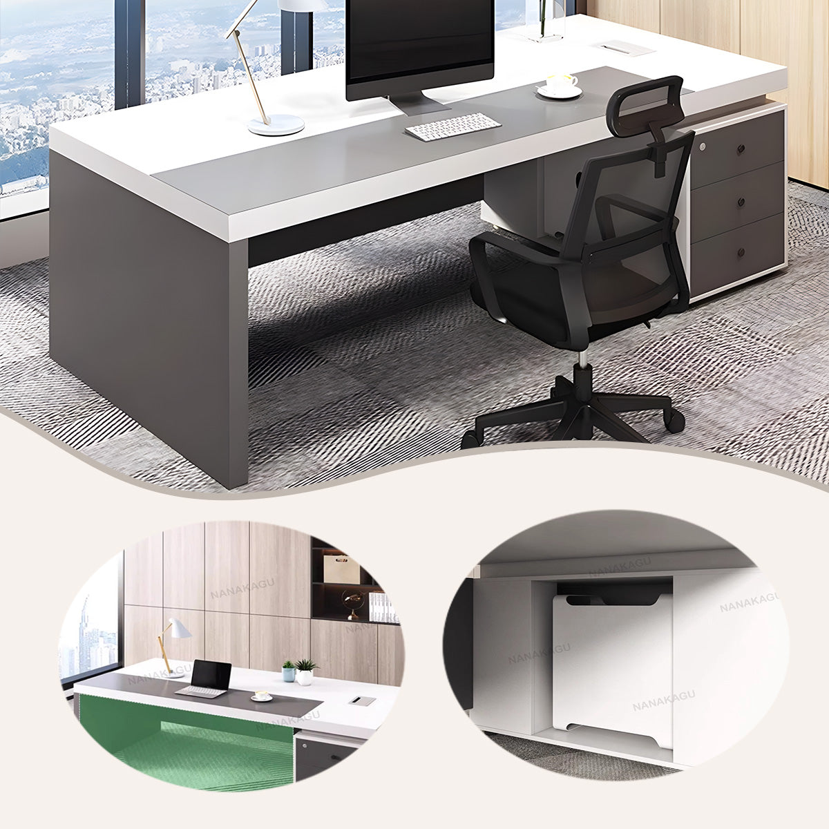 エグゼクティブデスク オフィスデスク デスク PC収納スペース 鍵付き引き出し 配線ボックス ホワイト カスタマイズ可能 LBZ-N036