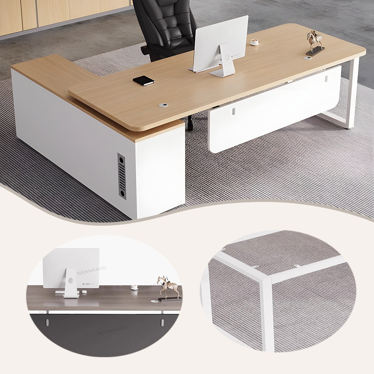 エグゼクティブデスク ワークデスク オフィスデスク アジャスター 配線穴 幕板 R加工 グレーオーク カスタマイズ可能 LBZ-N041