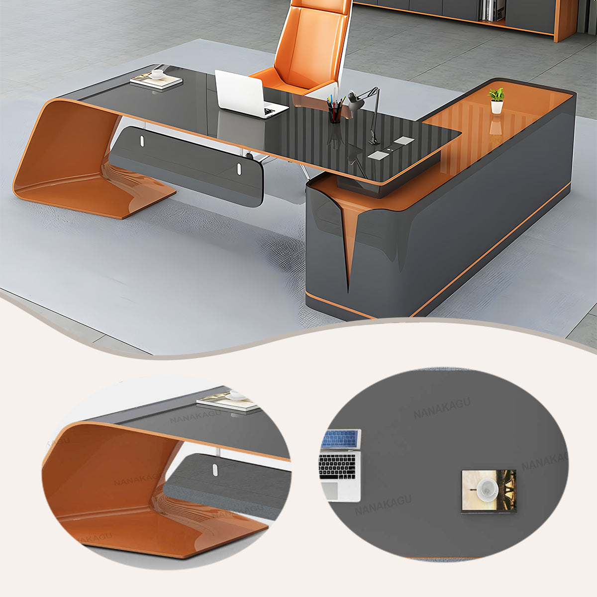 エグゼクティブデスク ワークデスク オフィスデスク L型デスク 社長室 鏡面仕上げ おしゃれ グレー カスタマイズ可能 LBZ-N043