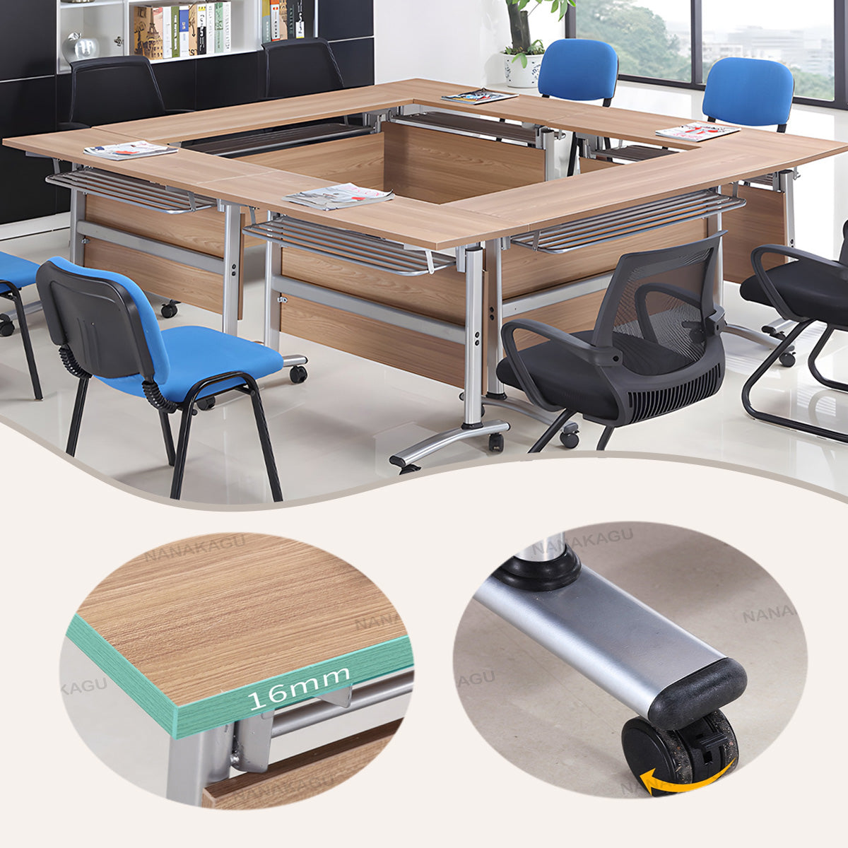 会議テーブル ミーティングテーブル 収納棚 キャスター 幕板 折りたたみ スチールフレーム ナチュラル カスタマイズ可能 HYZ-N046