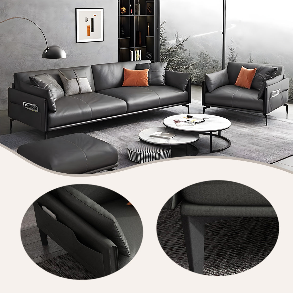 応接セット オフィスソファー  受付ソファー オットマン 1人掛け 3人掛け 無垢材 炭素鋼脚 グレー カスタマイズ可能 JDSF-N004