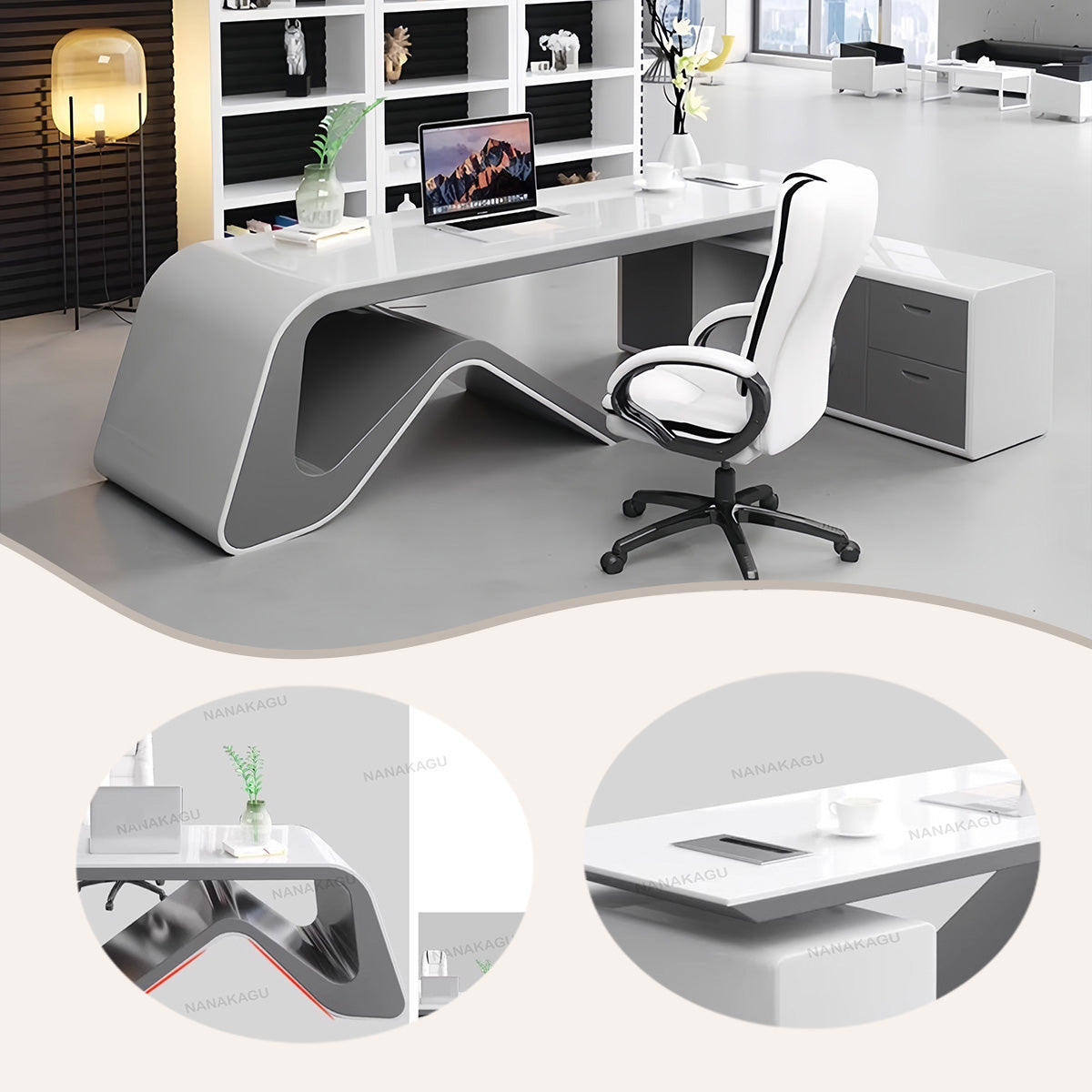 エグゼクティブデスク ワークデスク オフィスデスク 社長室 焼付塗装 鏡面仕上げ 配線ボックス ホワイト カスタマイズ可能 LBZ-N053