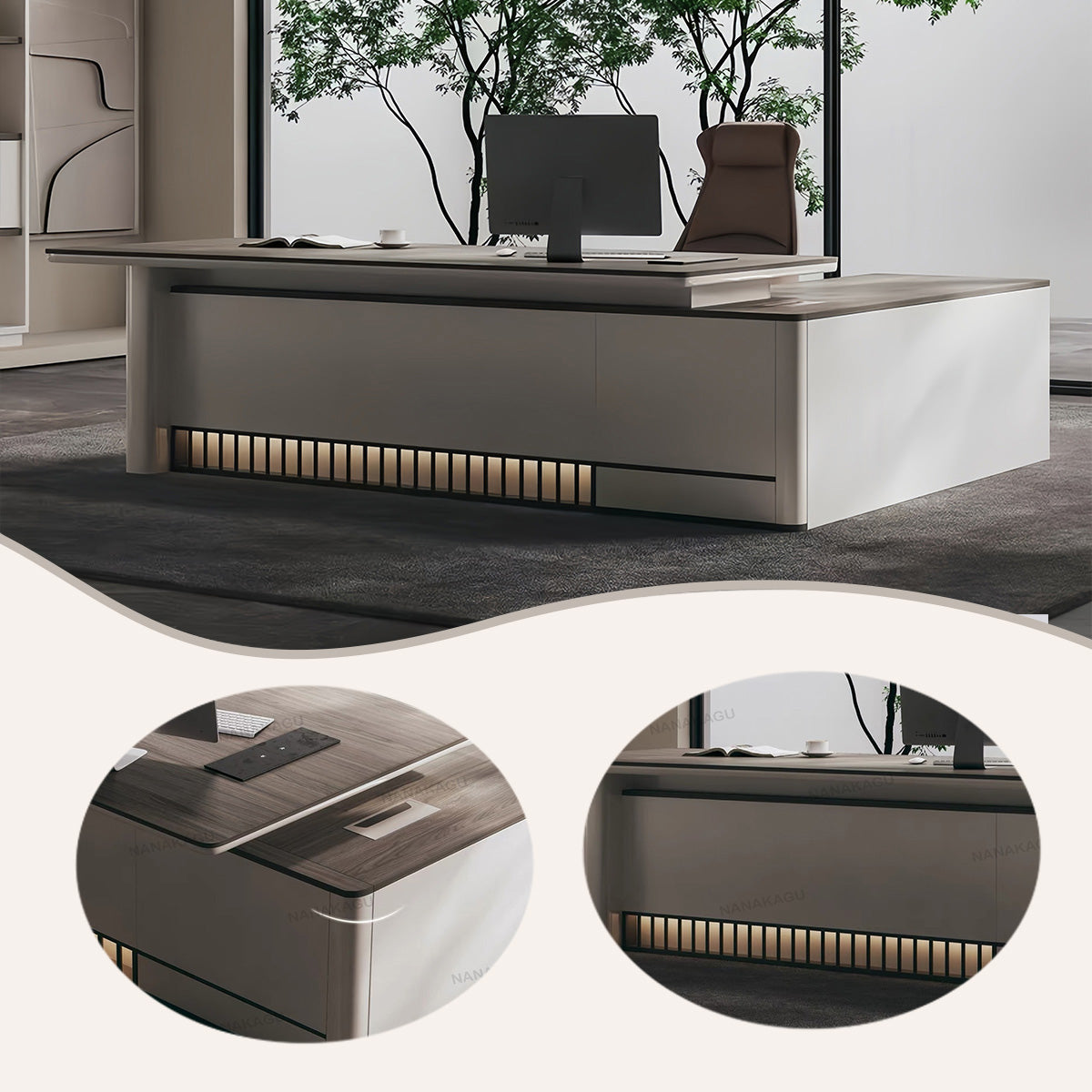 エグゼクティブデスク フローティングトップデスク オフィスデスク 社長用 配線ボックス PC収納 LEDライト おしゃれ LBZ-N054