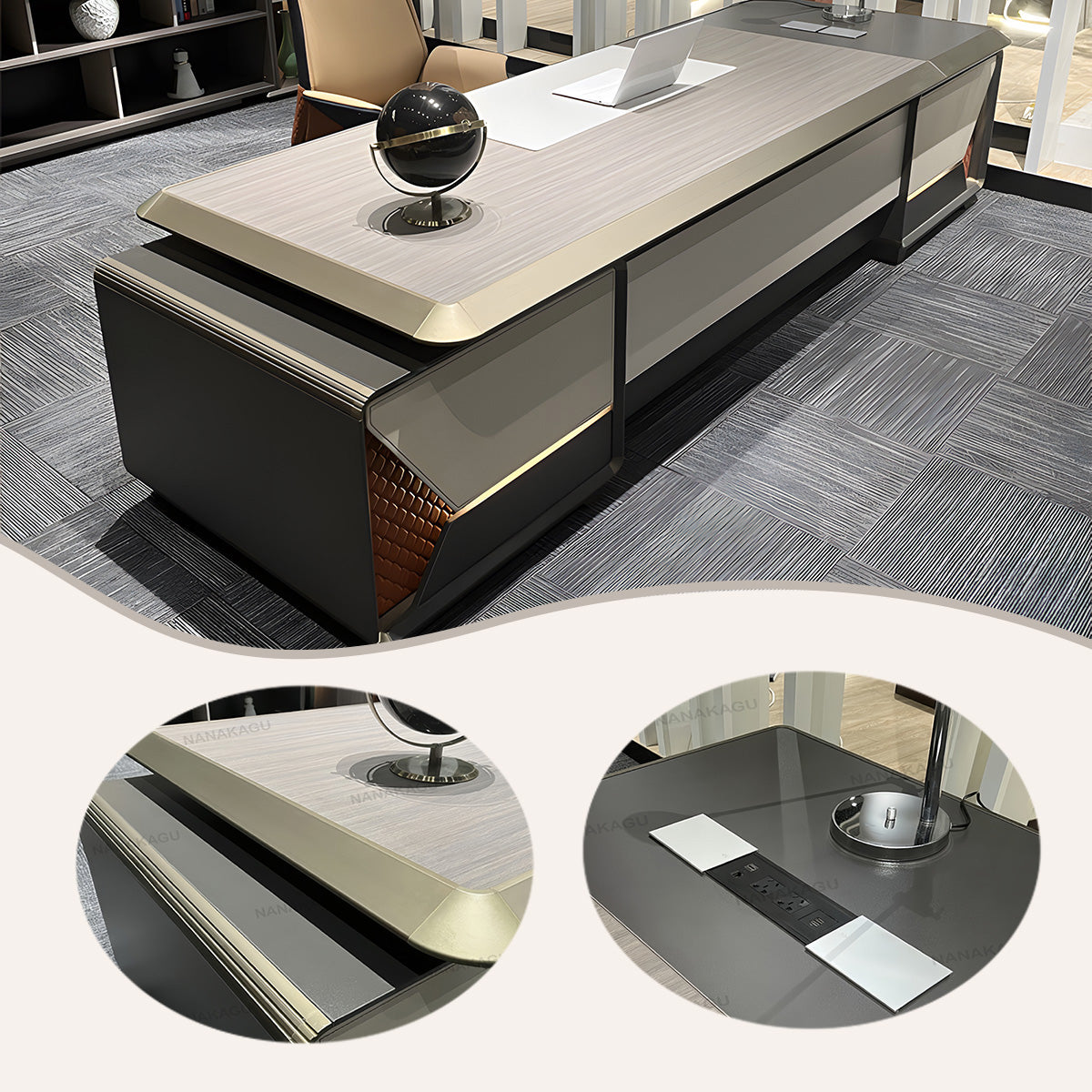 エグゼクティブデスク オフィスデスク 社長机 木製デスク LEDライト 三桁ダイヤル錠 配線便利 高級感 ウォールナット LBZ-N056