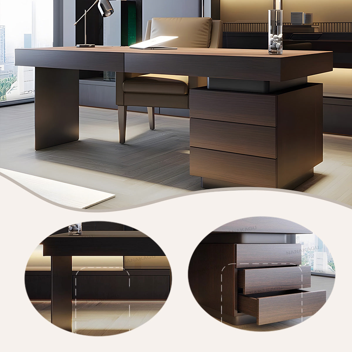 エグゼクティブデスク オフィスデスク 社長机 片袖机 木目調 引き出し収納 シンプル 洗練 ダークオーク カスタマイズ可能 LBZ-N059