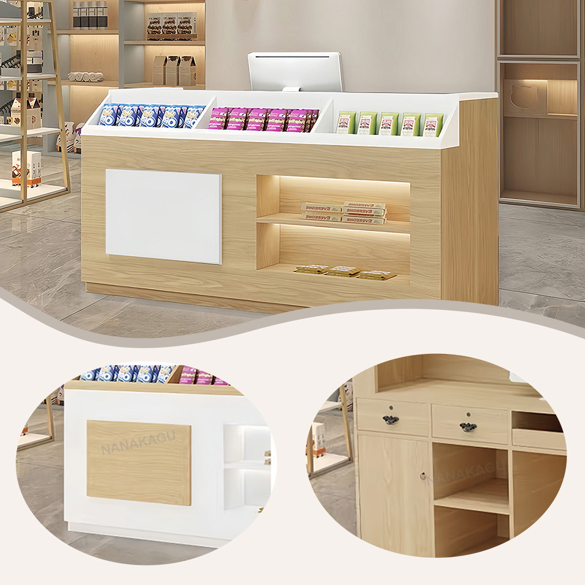 受付カウンター レジカウンター 展示棚 店舗用 オープン収納 大容量収納 シンプル ナチュラル カスタマイズ可能 JDQT-N054