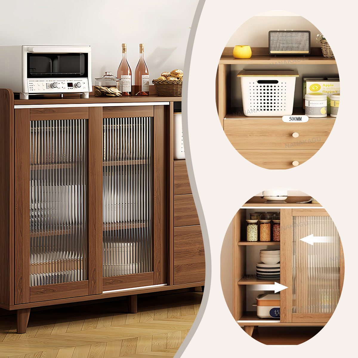 収納キャビネット リビング収納 壁面収納 収納棚 台所用 引き出し スライド式扉 分類収納 ナチュラル JYCWG-N003