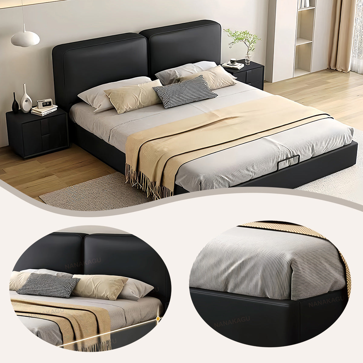 木製のベッド すのこベッド セミダブルベッド 人間工学 本革 大容量収納 耐荷重性 おしゃれ ブラック カスタマイズ可能 BED-N004