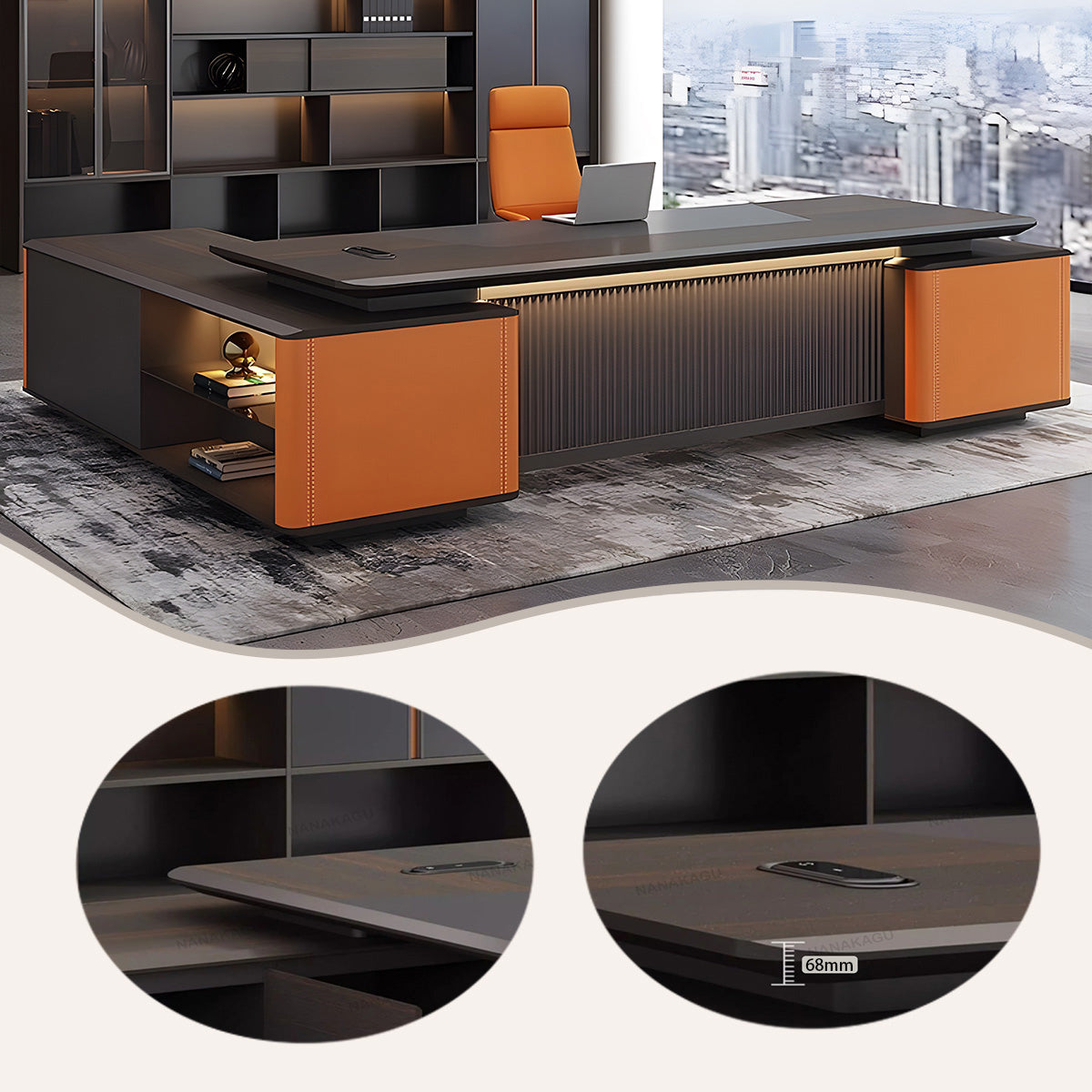 エグゼクティブデスク オフィスデスク 社長机 LEDライト ダイヤル錠 大容量収納 ダークウォールナット カスタマイズ可能 LBZ-N038