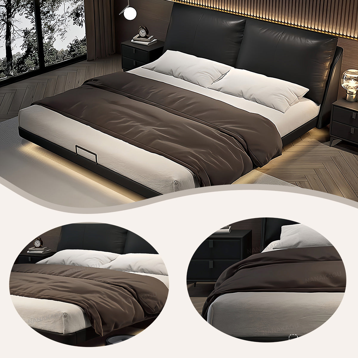 木製のベッド すのこベッド セミダブルベッド 天然木フレーム 人間工学 センサーライト おしゃれ ブラック カスタマイズ可能 BED-N003