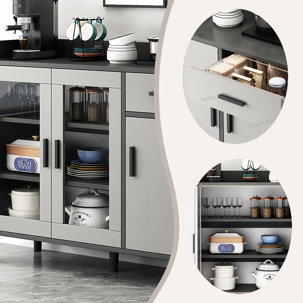 収納キャビネット リビング収納 壁面収納 収納棚 台所用 リビング用 引き出し 取っ手付き スペースグレー JYCWG-N004