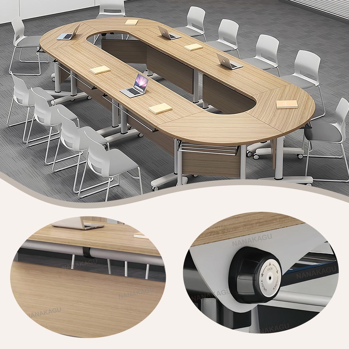 会議テーブル ミーティングテーブル 折りたたみテーブル 収納棚 キャスター 幕板 シンプル ナチュラル カスタマイズ可能 HYZ-N034