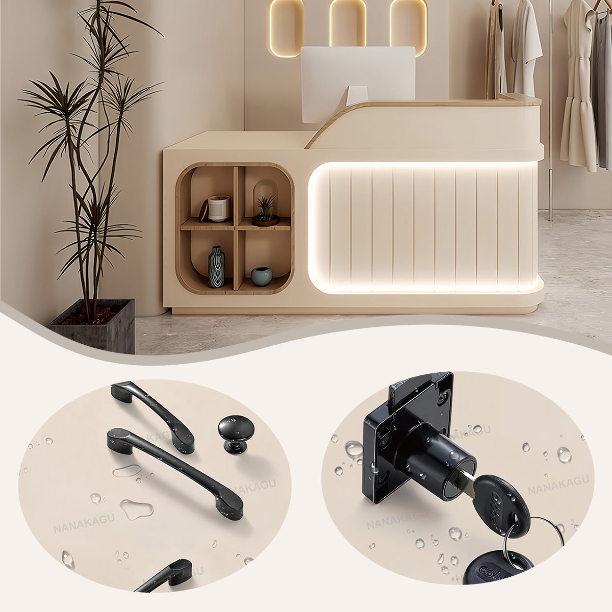 受付カウンター レジカウンター オフィスカウンター 美容院 店舗用 大容量収納 モダン ベージュ カスタマイズ可能 JDQT-N046