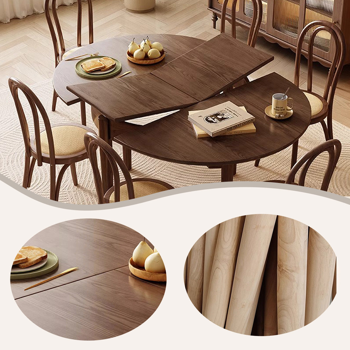 ダイニングテーブル 円卓 食卓 伸長式テーブル 在宅用 食事用 キッチン リビングルーム 広い天板 丈夫なフレーム 角丸 傷付きにくい 耐久性 エレガント おしゃれ ウォールナット CZ-N018