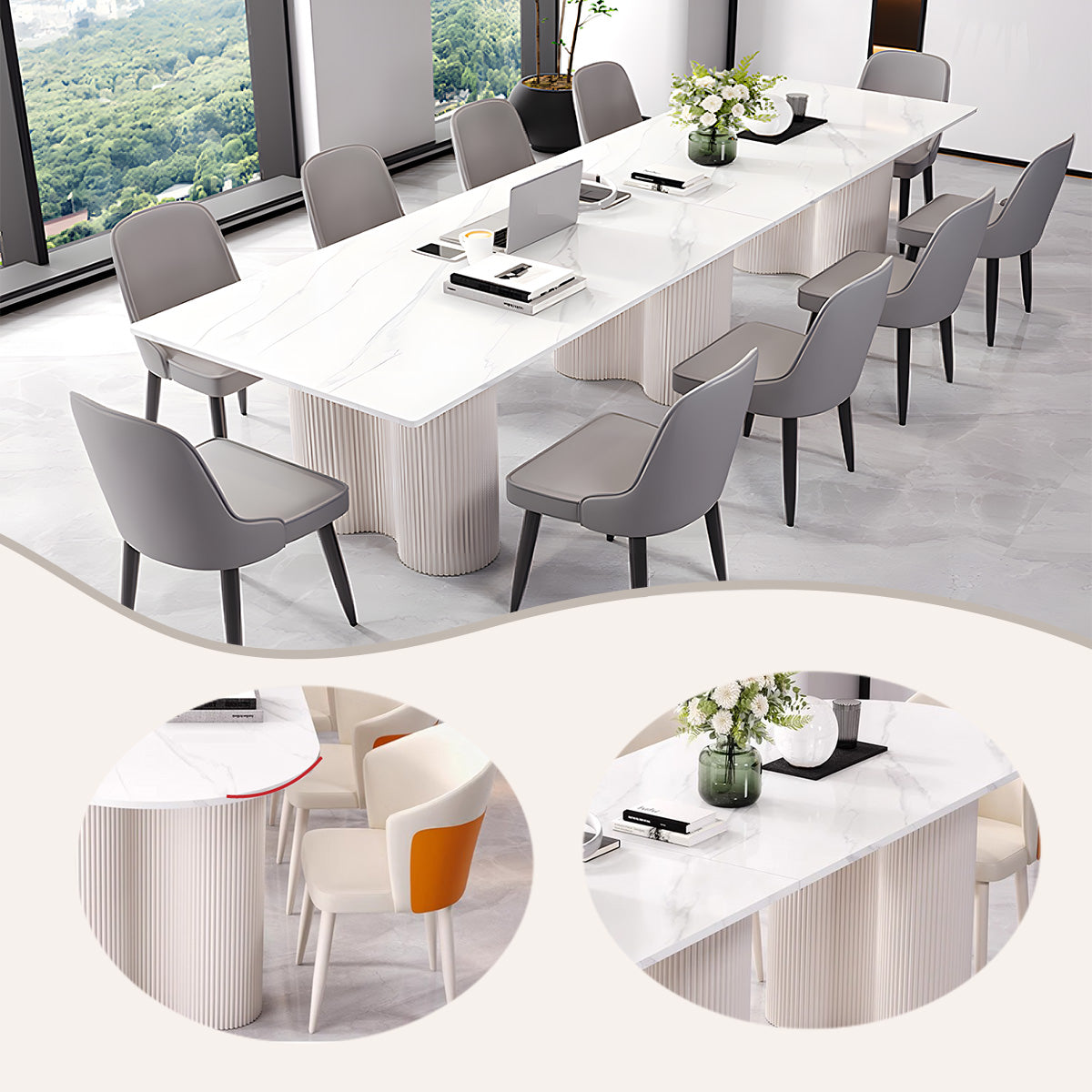 会議テーブル ミーティングテーブル 会議室 会議用 岩板天板 R加工 炭素鋼フレーム 焼付塗装 ホワイト カスタマイズ可能 HYZ-N006