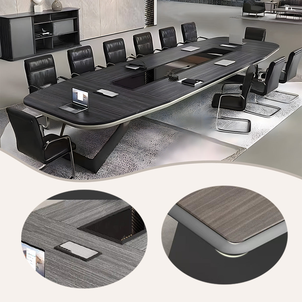大型会議テーブル ミーティングテーブル 会議机 焼付塗装 配線ボックス コンセント エコボード グレー カスタマイズ可能 HYZ-N007