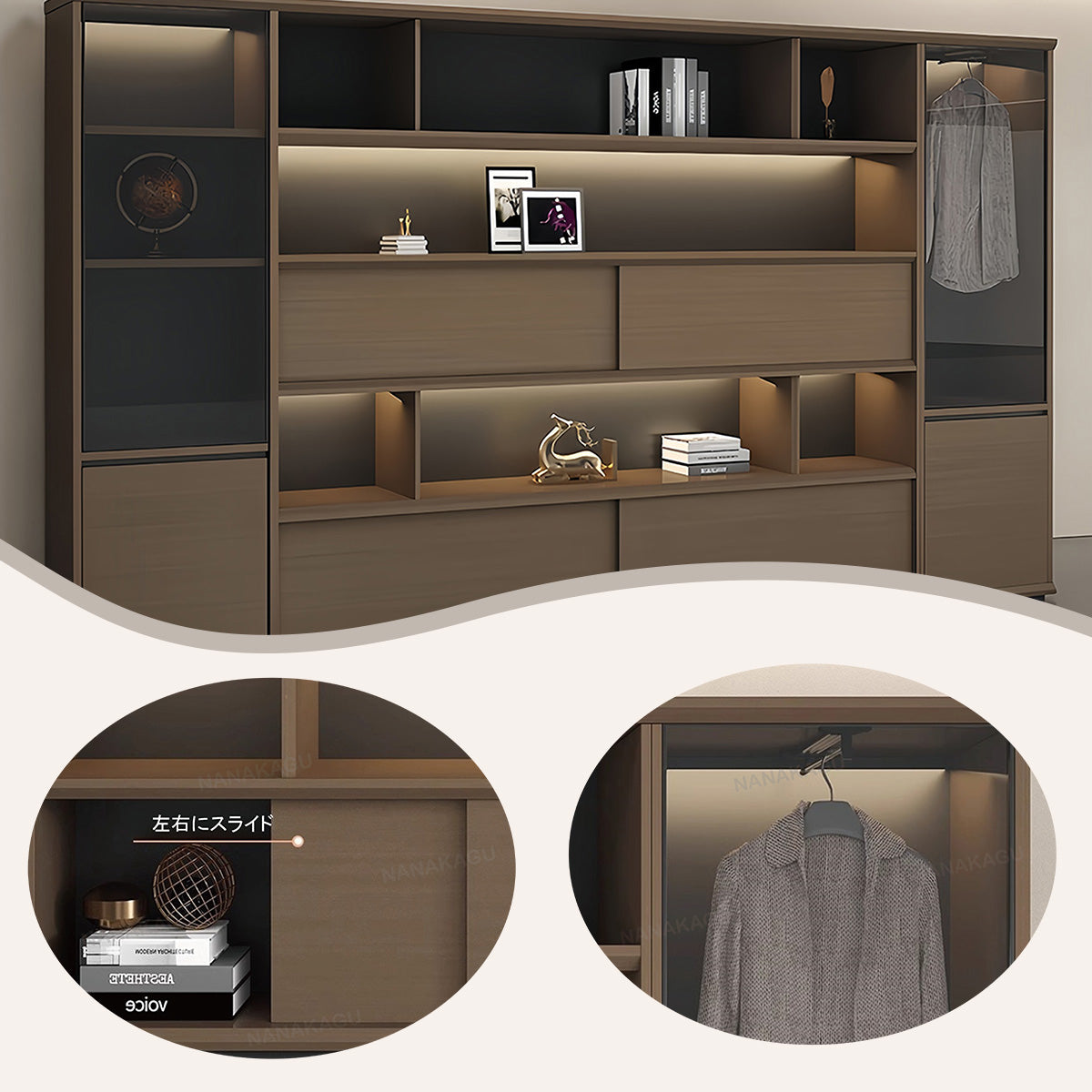 オフィスキャビネット ディスプレイラック 多段式 ハンガーポール 引き戸 大容量収納 厚手 カーキ カスタマイズ可能 BGCWG-N034