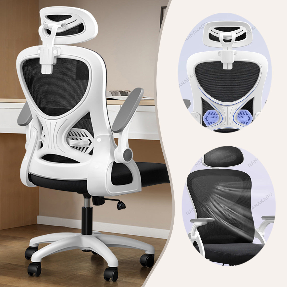 オフィスチェア パソコンチェア 昇降回転式 人間工学 メッシュ リクライニング ヘッドレスト ブラック カスタマイズ可能 BGY-N023