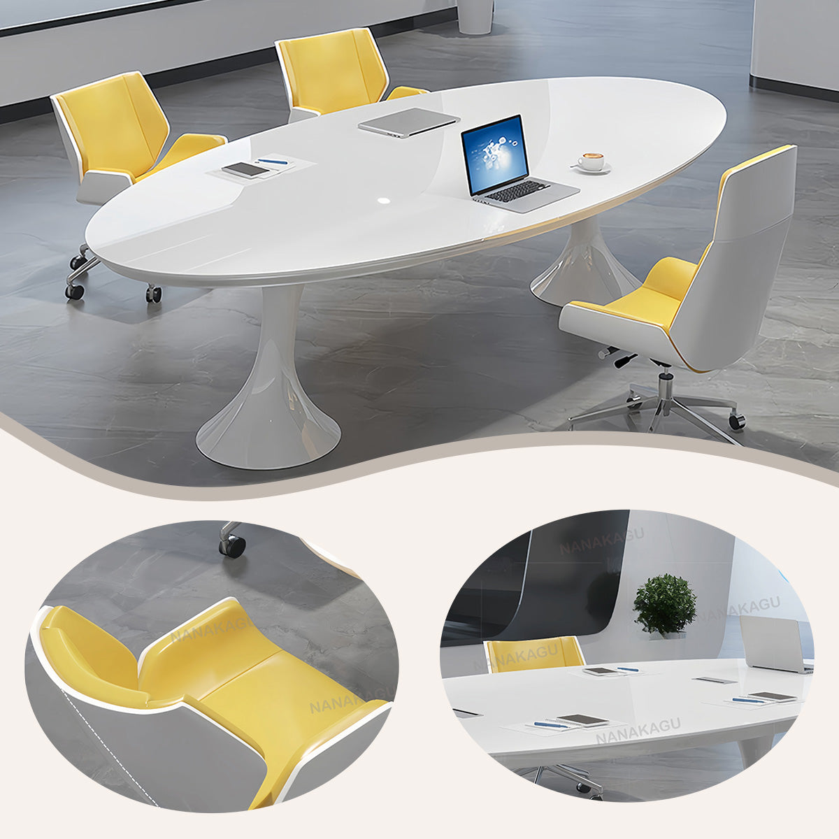 会議テーブル 楕円形テーブル ミーティングテーブル 焼付塗装 配線ボックス 鏡面仕上げ 厚重感 ホワイト カスタマイズ可能 HYZ-N043