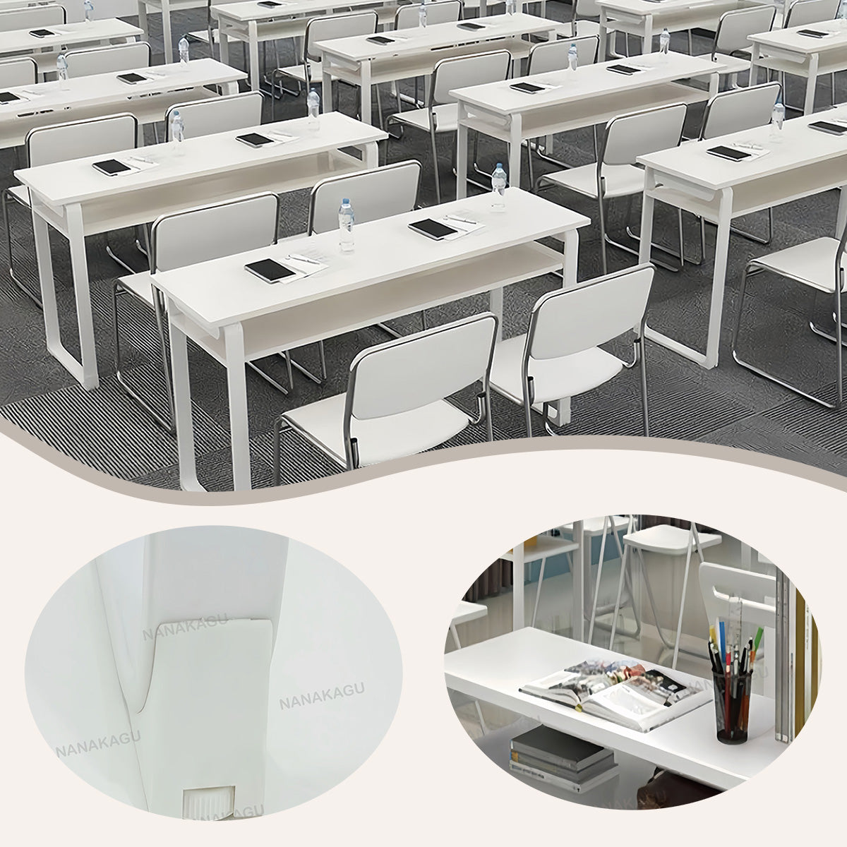 会議テーブル 相談テーブル 研修用デスク 収納棚 アジャスター スチールフレーム 便利 頑丈 シンプル ホワイト HYZ-N049