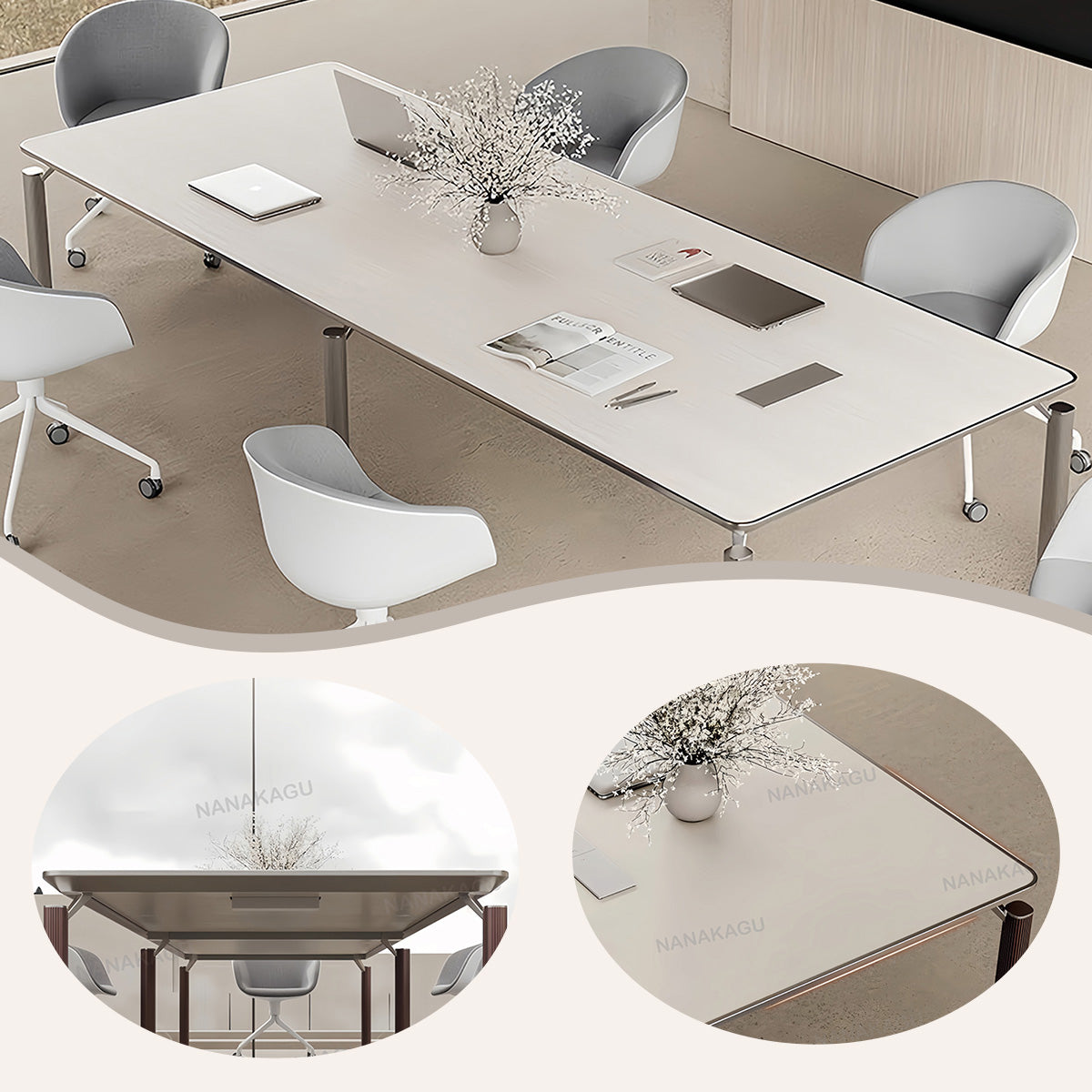 会議テーブル 事務机 ミーティングテーブル コンセント エッジ加工 スチール脚 洗練 シンプル ホワイト カスタマイズ可能 HYZ-N052