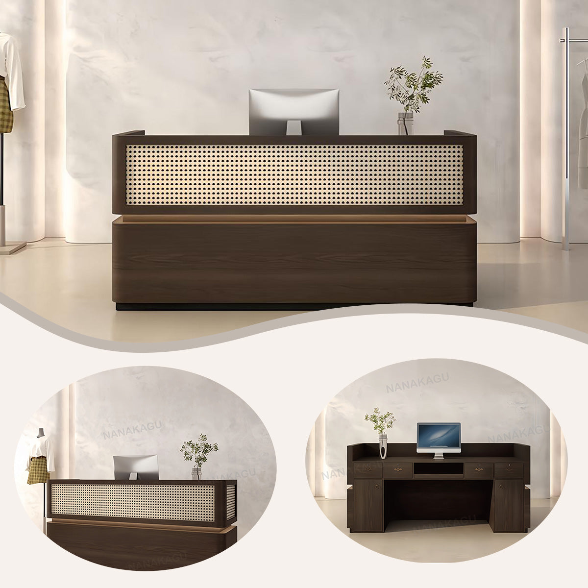 受付カウンター レジカウンター 店舗用 籐編み 扉付き収納 引き出し収納 高級感 上質 すっきり ナチュラル カスタマイズ可能 JDQT-N037