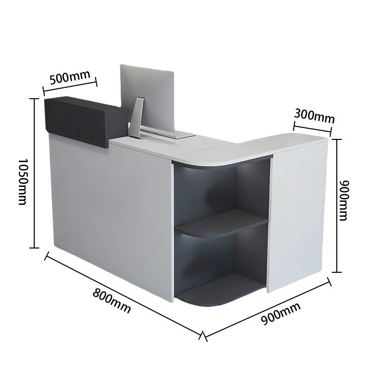 受付カウンター レジカウンター L字型 店舗用 鍵ロック 配線穴 展示棚 角丸 大容量収納 グレー カスタマイズ可能 JDQT-N048