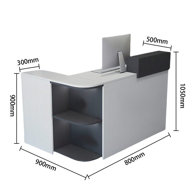 受付カウンター レジカウンター L字型 店舗用 鍵ロック 配線穴 展示棚 角丸 大容量収納 グレー カスタマイズ可能 JDQT-N048