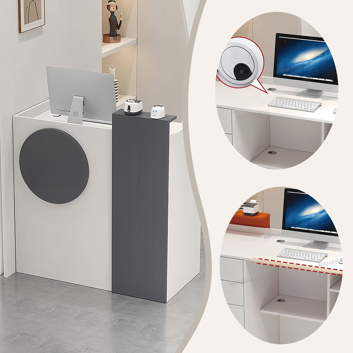 受付カウンター レジカウンター エントランス受付 店舗用 鍵ロック 配線穴 大容量収納 ホワイト カスタマイズ可能 JDQT-N051