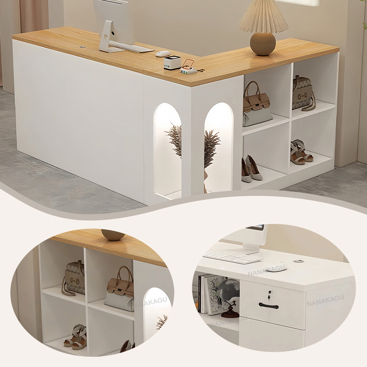 受付カウンター レジカウンター L字型カウンター 店舗用 展示棚 大容量収納 エレガント ホワイト カスタマイズ可能 JDQT-N052