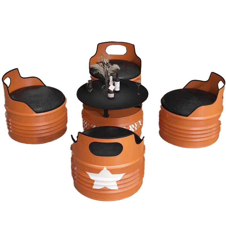 応接セット ドラム缶風 丸ローテーブル 居酒屋 喫茶店 店舗用 焼付塗装 デザイン性 モダン オレンジ カスタマイズ可能 JDZH-N014