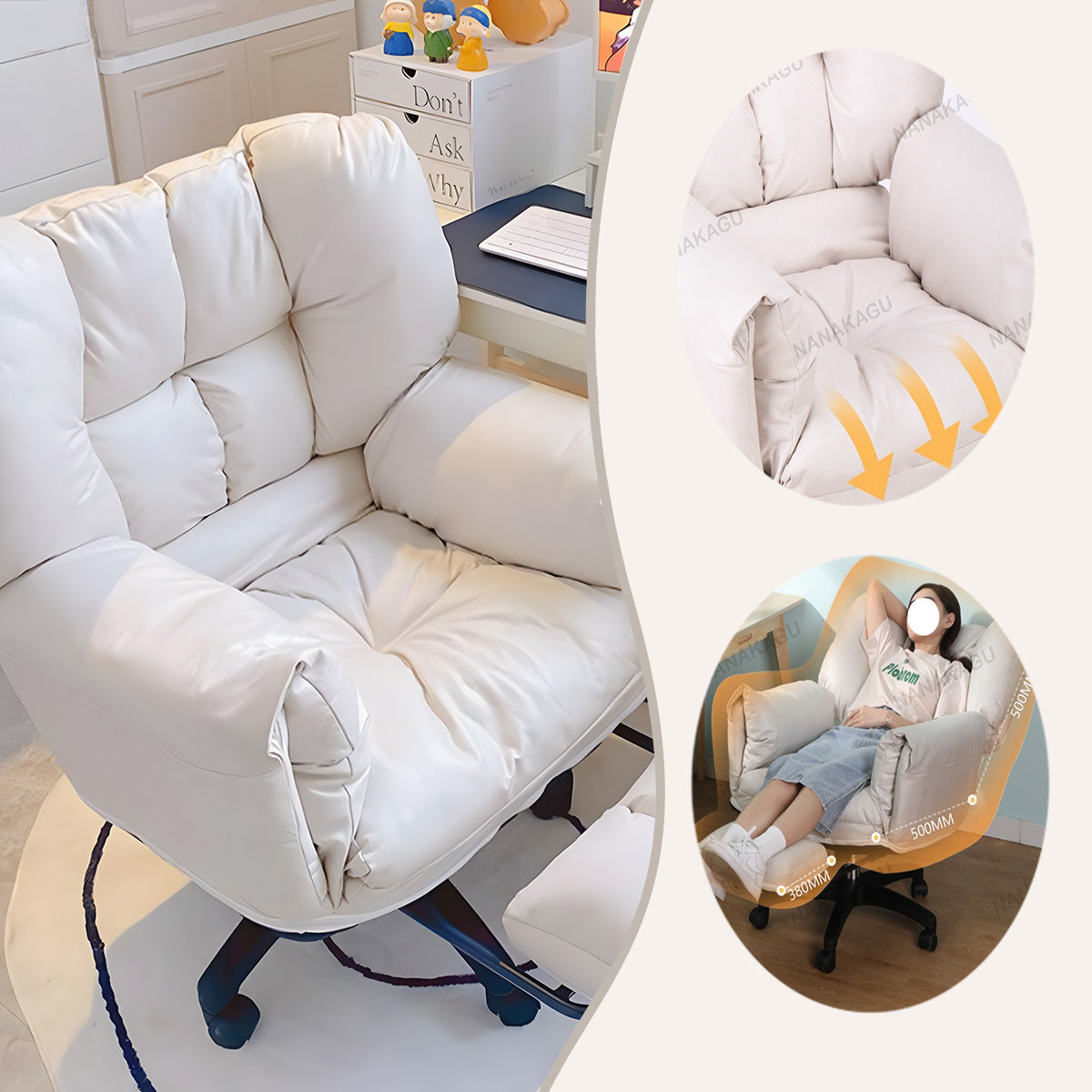 デスクチェア パソコンチェア 在宅用 人間工学 シリコンフィル リクライニング機能 回転可能 フットレスト 肉厚 ピンク LBY-N005