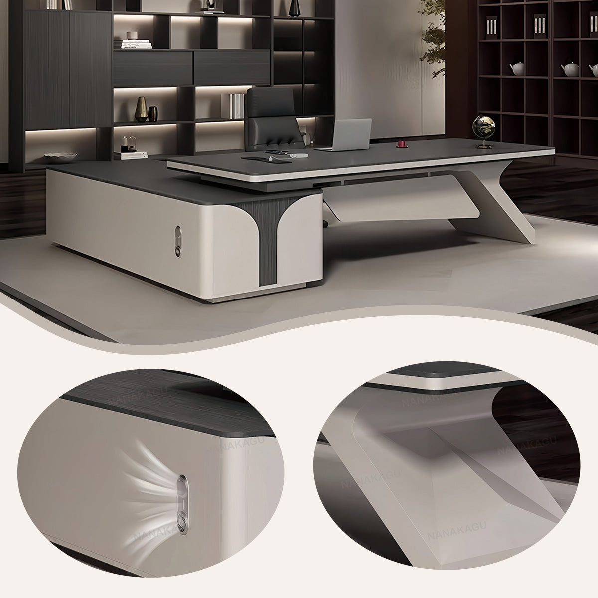 エグゼクティブデスク ワークデスク オフィスデスク L型デスク 引き出し 木目調 焼付塗装 おしゃれ カスタマイズ可能 LBZ-N063