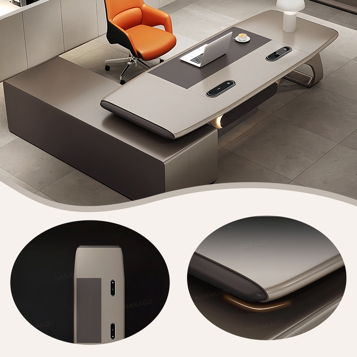 エグゼクティブデスク オフィスデスク 社長机 社長室 LEDライト付き  R加工 焼付塗装 高級感 シャンパンゴール LBZ-N064